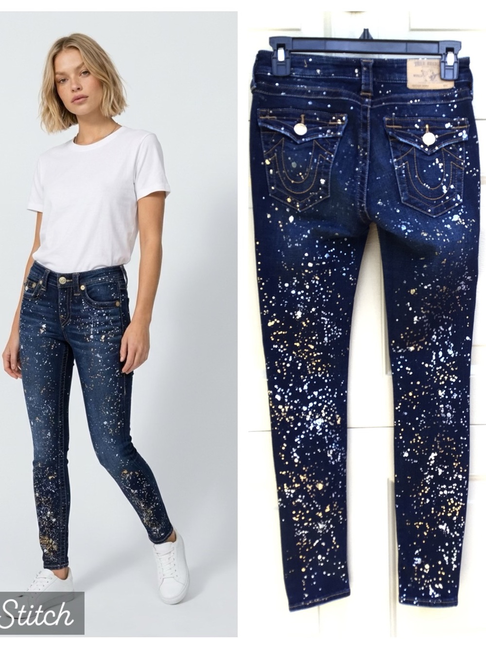 True Religion Dark SKINNY Jeans GOLD SILVER Metallic Paint-Splatter SIZE 26